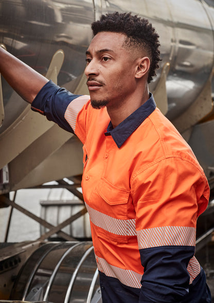 ZW229 Hi Vis Segmented Tape Long Sleeve Shirt Orange/Navy - worn